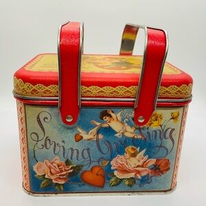 VTG Valentines Day Metal Tin Greeting Box Basket 1984 Cupid Heart Victorian Rose